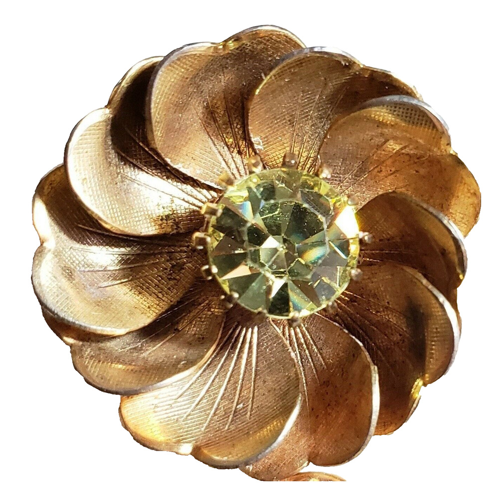 Rhinestone Flower Brooch Pin 2.5" Vintage Large Gold-tone Yellow Floral fb1-22